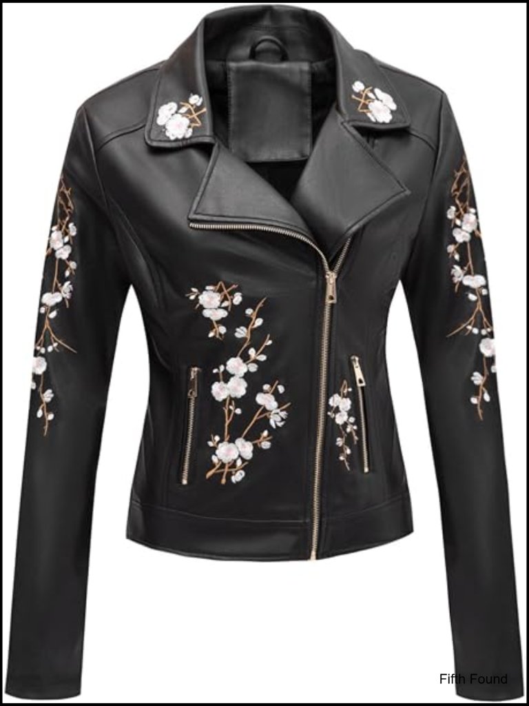 Faux Leather Floral Embroidered Moto Jacket Slim Fit Lightweight